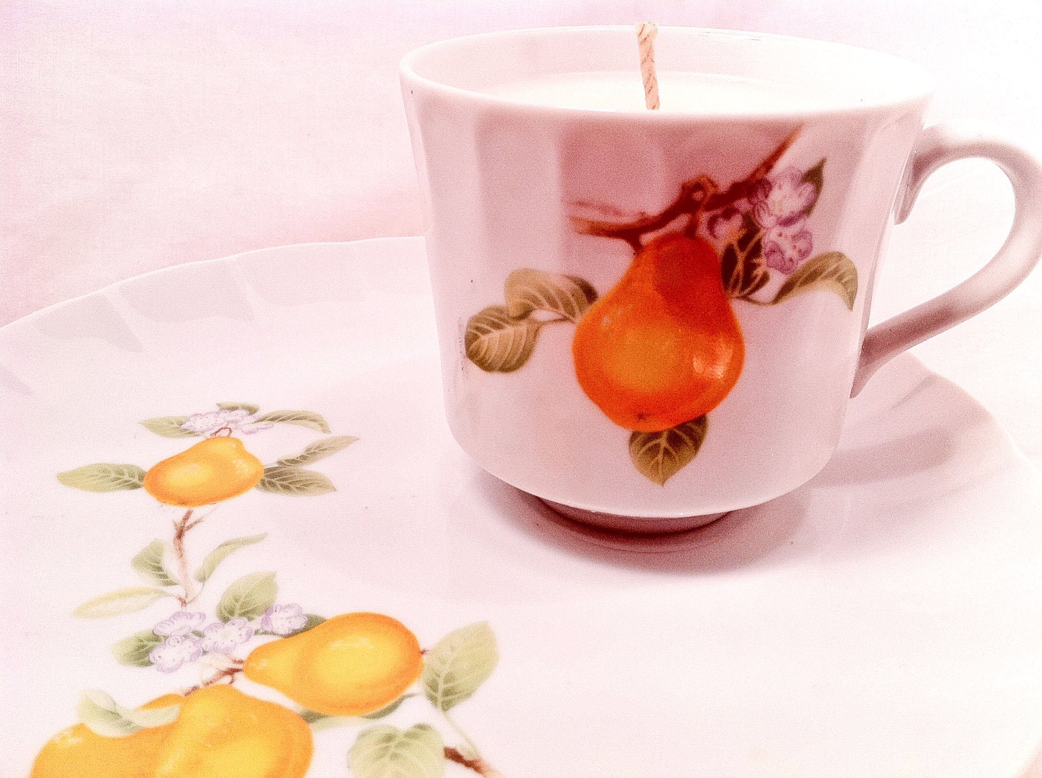 Vintage Recycled Yellow Pear Coffee Cup w/ Matching Plate Handmade Scented Soy Candle