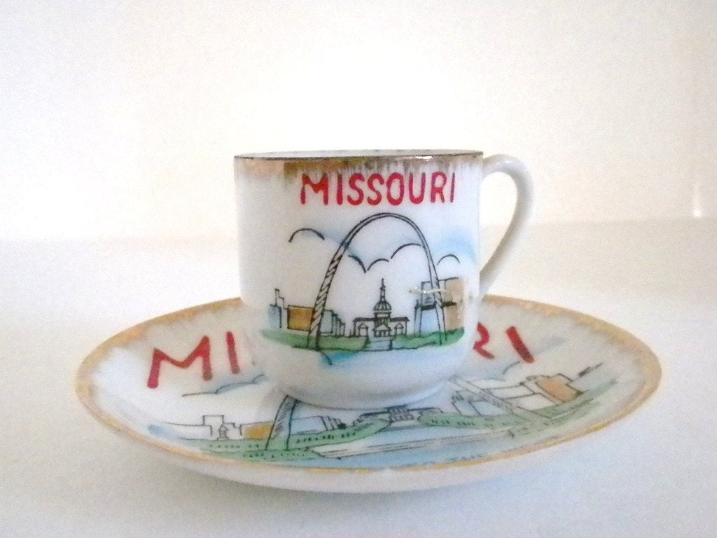 Vintage Cup and Saucer, Missouri, Red, White and Gold, Hand painted.