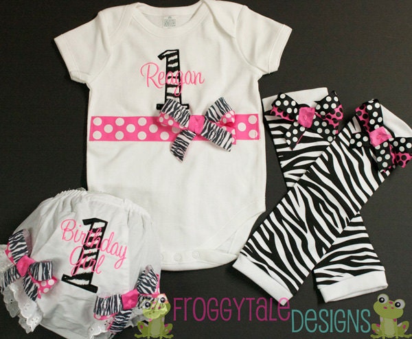 Zebra Birthday Hot Pink Bodysuit Onesie Diaper Cover Tutu Bloomer and Leg Warmer Set Outfits for Little Baby Girls - PERSONALIZED Custom
