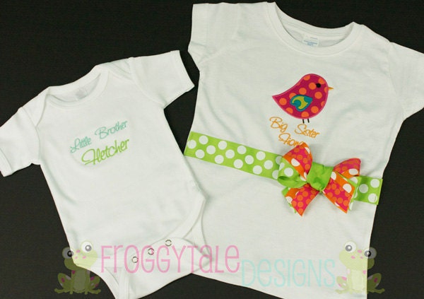 Big Sister Bird Shirt and Little Brother Bodysuit Set in Bright Colors for Little Siblings - PERSONALIZED Custom