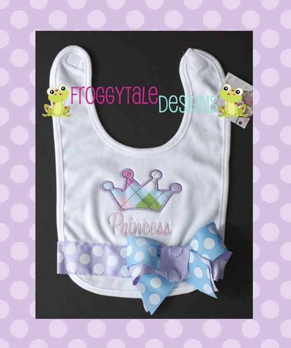 Princess Crown Pastel Argyle Infant to Toddler Girls Bib in Lilac, Pink, Blue Polka Dot Ribbons for Little Baby Girls- PERSONALIZED Custom