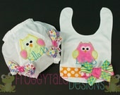 PERSONALIZED Bright Owl Bib and Diaper Cover Bloomer in Fun Multi Colored Sparkle Polka Dots- CUSTOM