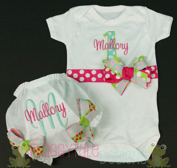 Birthday PERSONALIZED Bodysuit Onesie and Diaper Cover Tutu Bloomer Outfit in Aqua Fuchsia Lime Baby Pink for Little Baby Girls - Custom