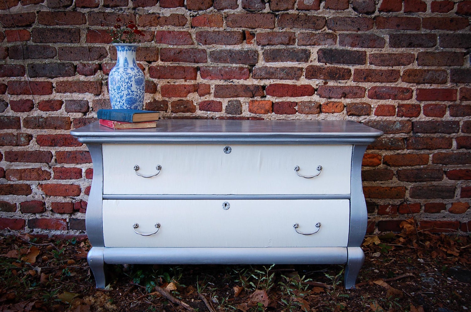Vintage Silver Solid Wood Antique Two Drawer Dresser or Chest