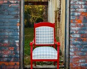 Vintage Red Antique Chair with Silvery Blue and Ivory Houndstooth Upholstery