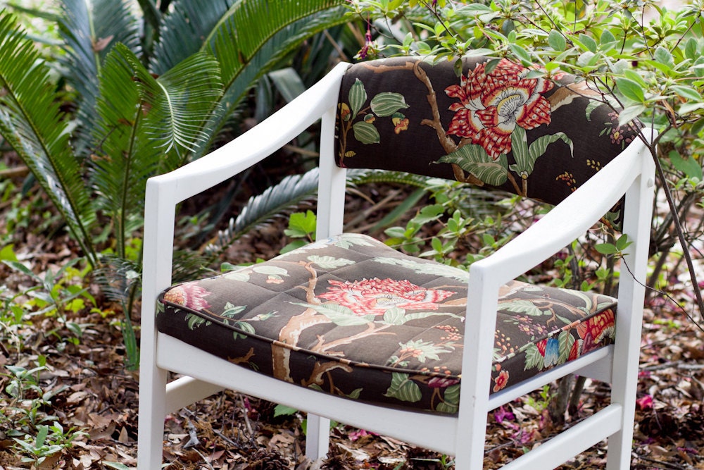 Cream Mid Century Scandinavian Style Chair with Wide Seat and Brown Floral Canvas Upholstery