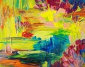SALE - Abstract Acrylic Painting, Bright Bold Color 16 x 20 FREE SHIPPING Impasto Rainbow, Teal Blue, Neon Orange Yellow Magenta Xmas Gift