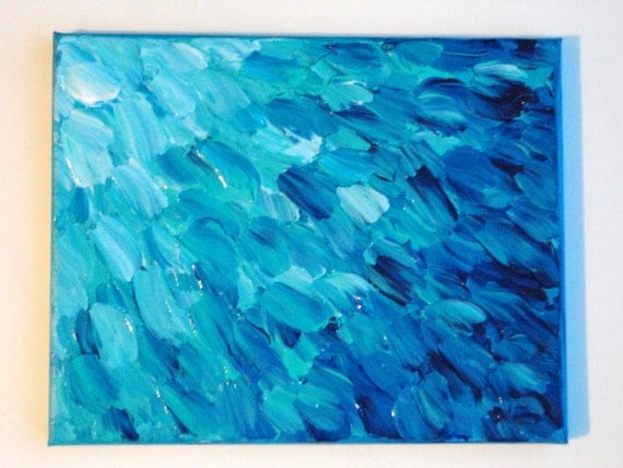 SALE - Original Acrylic Painting Peacock Blue Fish Scales Abstract FREE SHIPPING 8 x 10 Modern Fine Art Impasto Texture Teal Royal Navy Blue