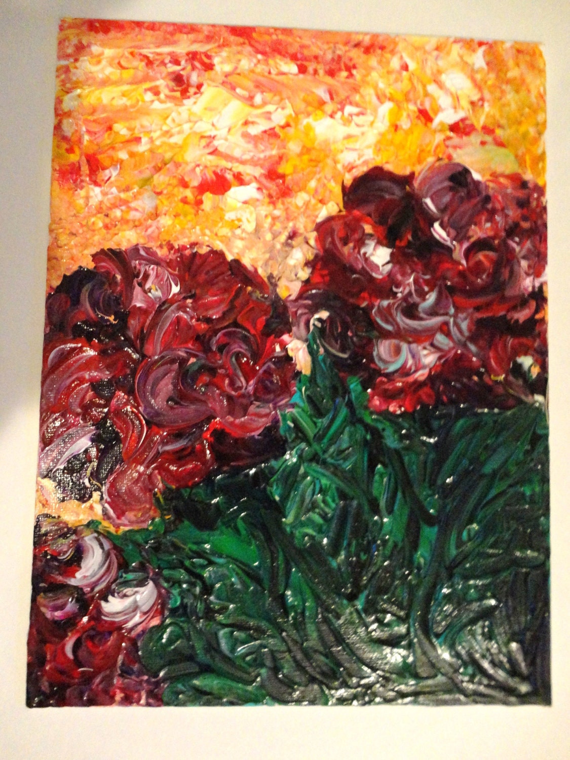 SALE - Original Painting. Flower Power. FREE SHIPPING. Abstract Impasto Floral. Acrylic Modern Art. 9 x 12. Beautiful. Orange. Red. Green
