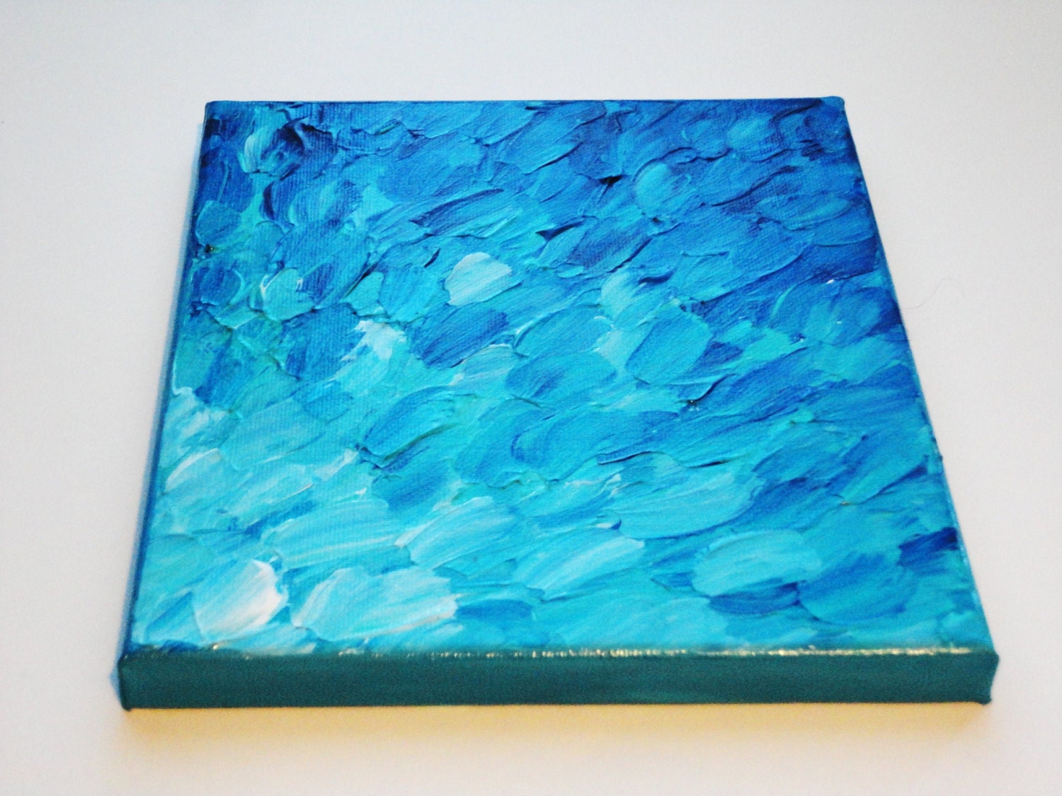 SALE - Original Acrylic Painting Peacock Blue Fish Scales Abstract FREE SHIPPING 8 x 10 Modern Fine Art Impasto Texture Teal Royal Navy Blue