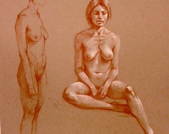 original drawing of seated woman, conte on paper