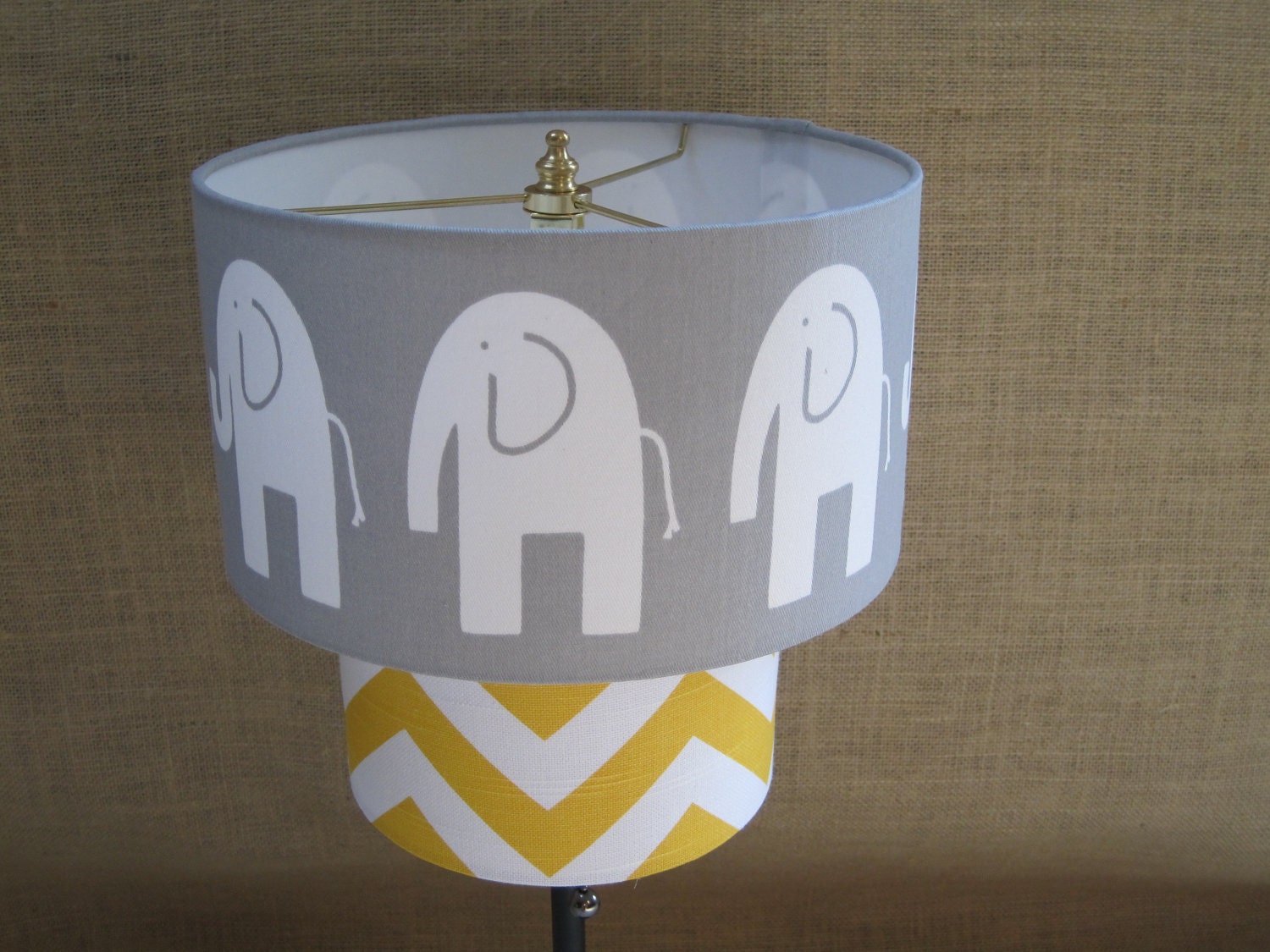 Lamp Shade Elephant Chevron Zig Zag Drum Lampshade 2 Tier in Mustard Yellow and Gray Grey or YOU CHOOSE COLORS