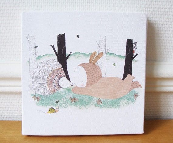 Children canvas print : the hedgehog - kids wall art - nature nursery decor - beige baby's room