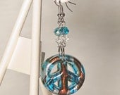 Dangle Earrings with Blue, Brown & Silver Murano Glass Peace Sign Charms and Crystal Glass Beads