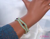 OOAK  Mint Green Opal Czech Crystals Bracelet with Amethyst stones, Gold Vermeil, Beadwoven Bracelet with Toggle Clasp