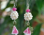 Fresh Water Pearls and Pink Jade Dangle Earrings With Turkish Lace, Sterling Silver , Shabby Chic Spring Jewelry, Sale