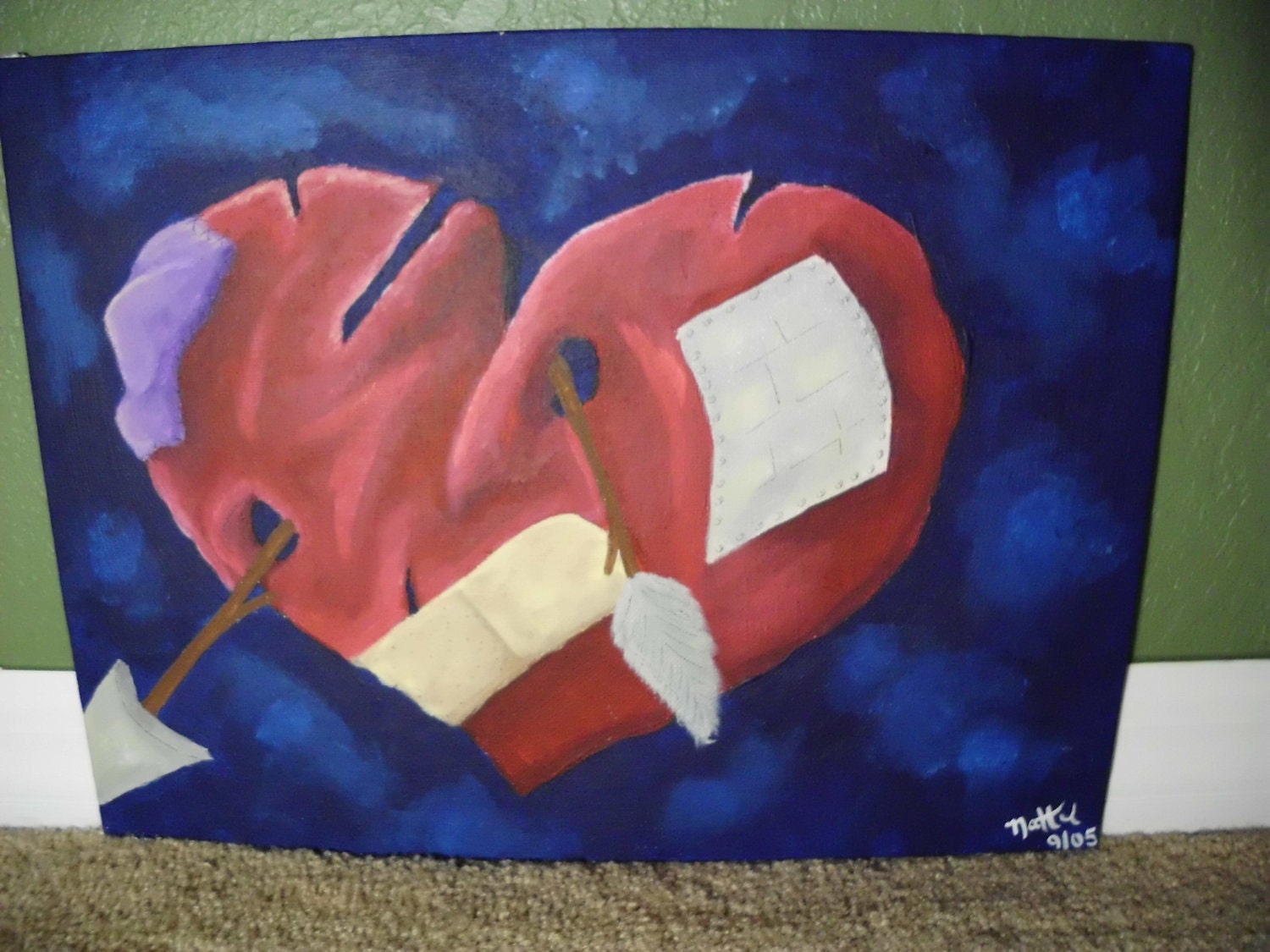 Valentine's Day Gift, Original Acrylic Painting, "Remnants of a Broken Heart", 12 x 16" on Flat Canvas Board, No Frame