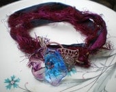 Morning Dew- metamorphosis jewelry, blue/purple lampwork flower chocker, sari silk wrap bracelet, filigree leaf brass. Jettabugjewelry