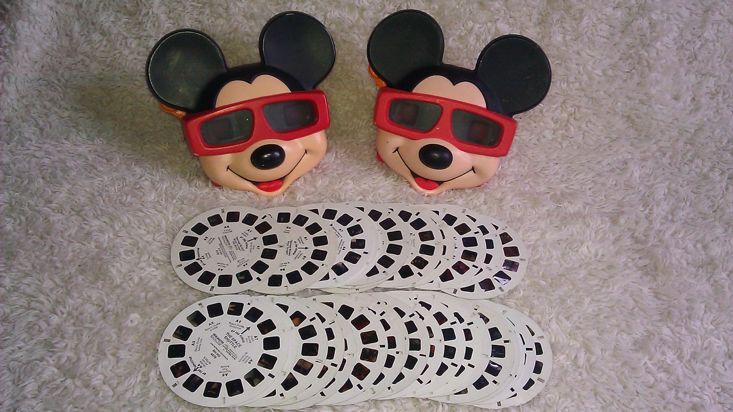Set of 2 - 1989 Mickey Mouse VIEWMASTER 3D Picture Viewers and 32 reels