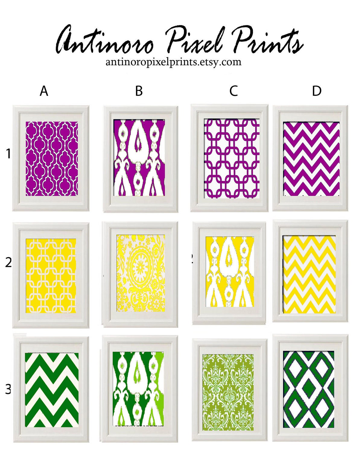 Vintage / Modern inspired Art Prints Collection (Series A) -Set of 6 - 8x10 Prints - Featured in Plum Yellow Green (UNFRAMED)