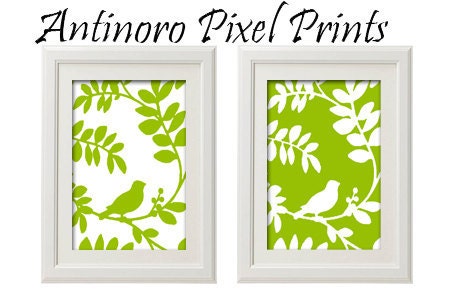Set of Two Spring Bird  on Branch  Art Print (Series A) - 8x10 Print Green / White (Unframed)