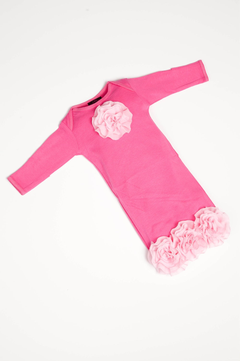 Newborn Infant Baby Layette Gown with Light Pink Chiffon Flowers and headband