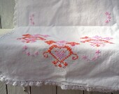 Vintage White Linen Table Runner Shabby Chic pink orange