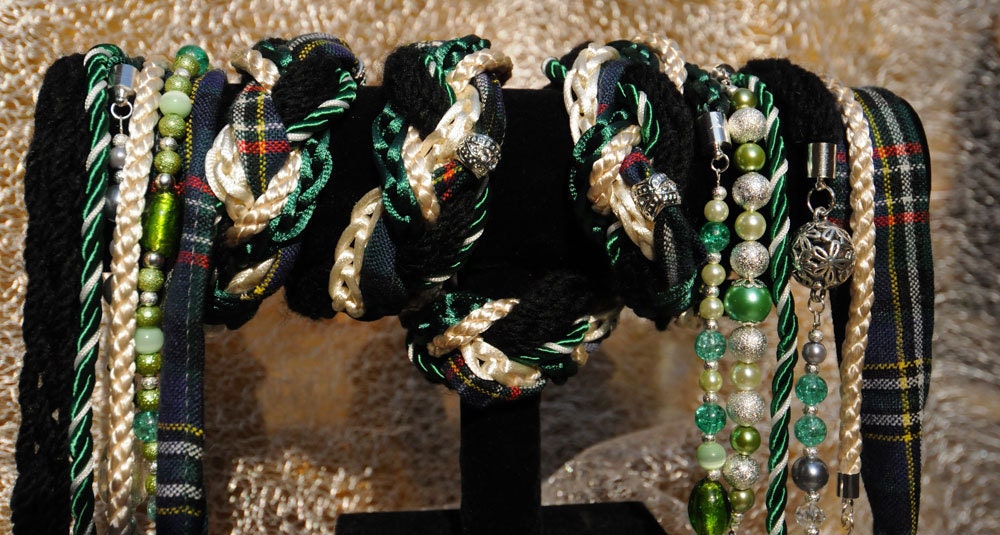 Handfasting cord in tartan, cream and hunter green satin, with pearls, glass beads and crystals