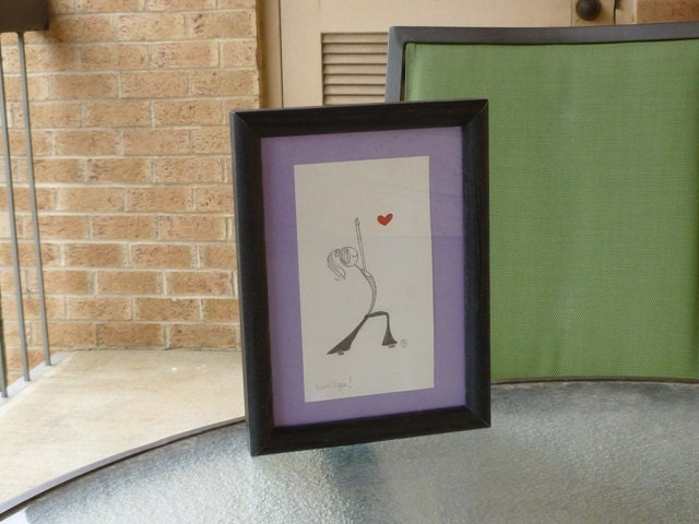Love Yoga - Cute Framed Original Pencil Drawing - Warrior 1 pose