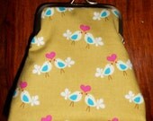 Cute Kitsch Lovebirds Heart Olive Michael Miller Antique Brass/Bronze Frame Coin Purse Valentines Love Birds