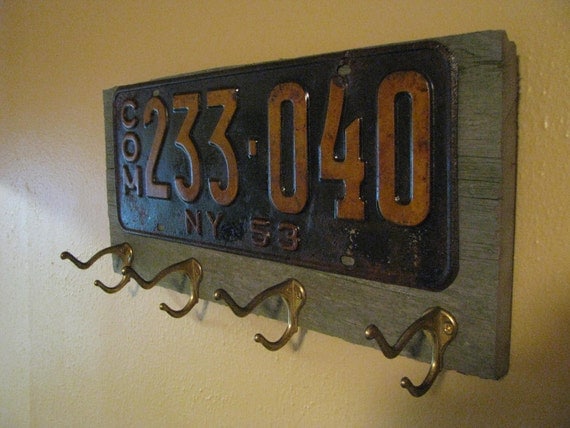 Vintage coat rack made with a real vintage license plate-barnwood- and vintage brass hooks- NEW YORK
