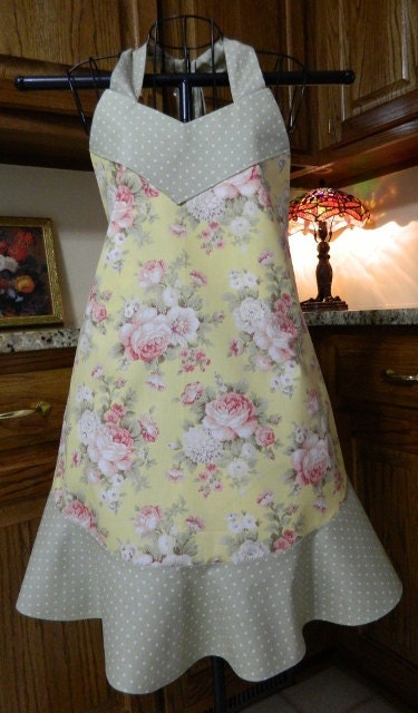 Yellow with flowers with Green Polka dots - Easter Apron