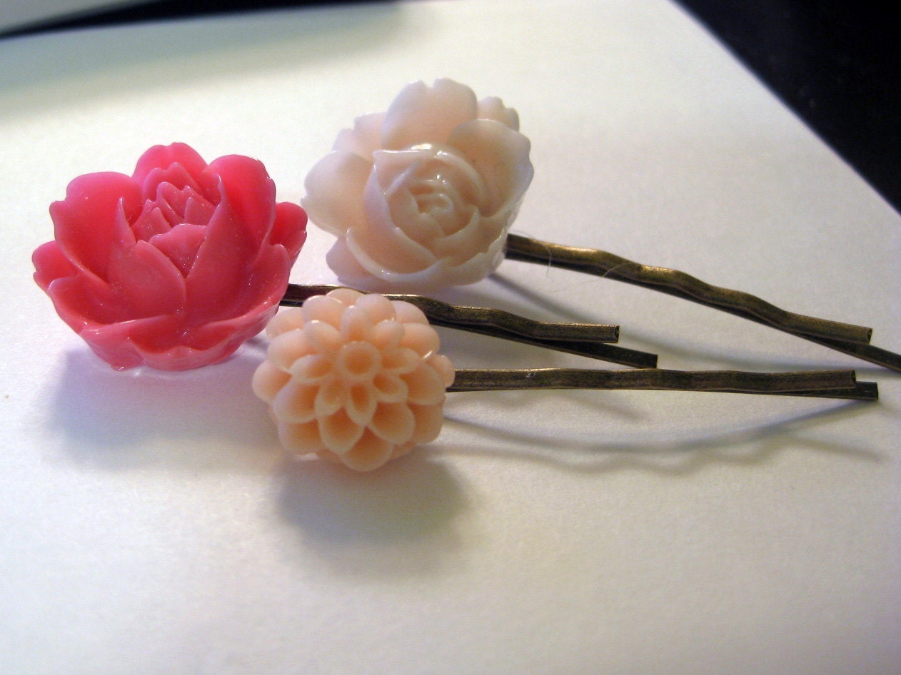 Bobby Hair Pins resin flower dahlia peony  (set of 3)