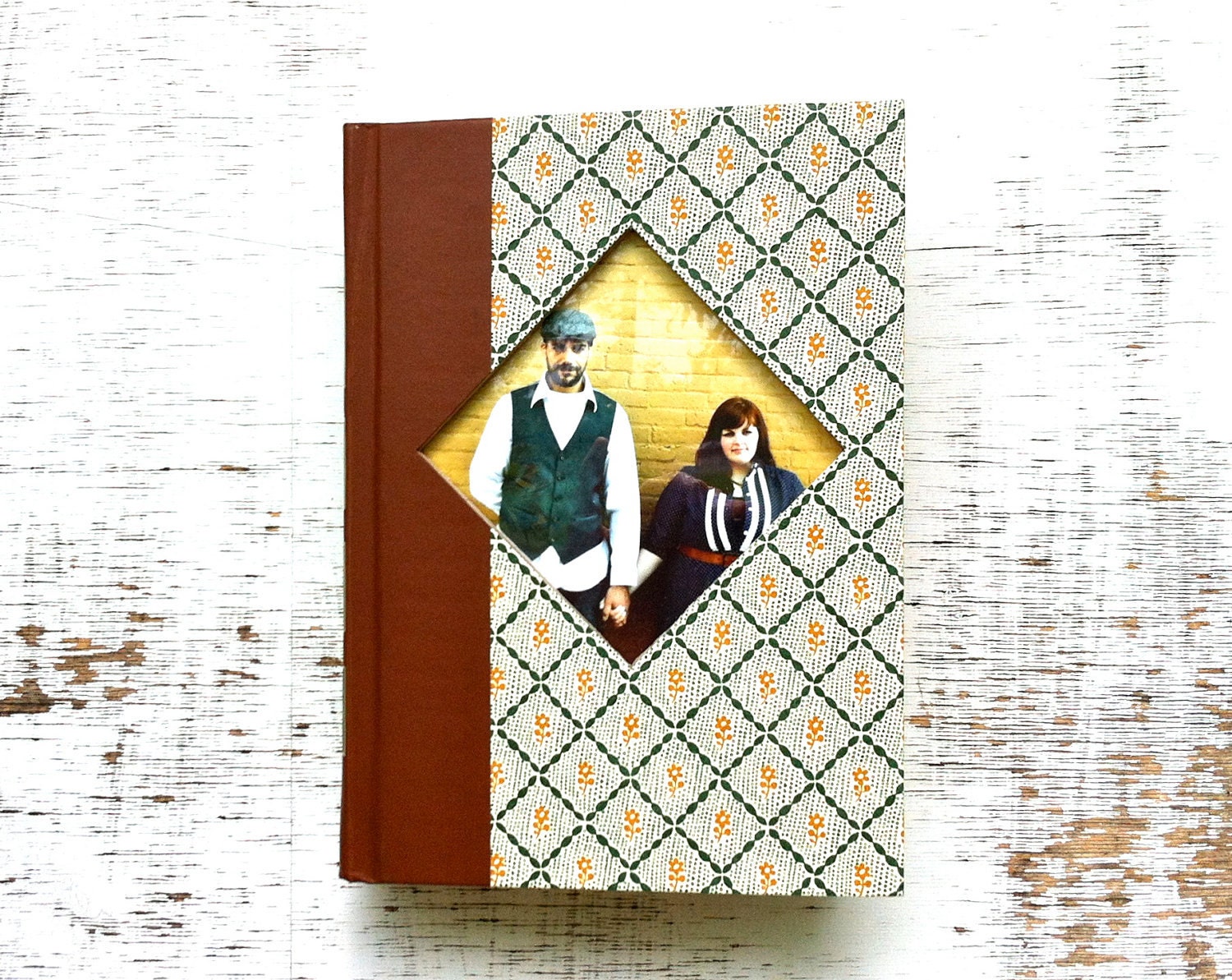 vintage book picture frame.  READABLE vintage book as unique photo frame. green, orange, brown/cognac. Reader's Digest, 1979.