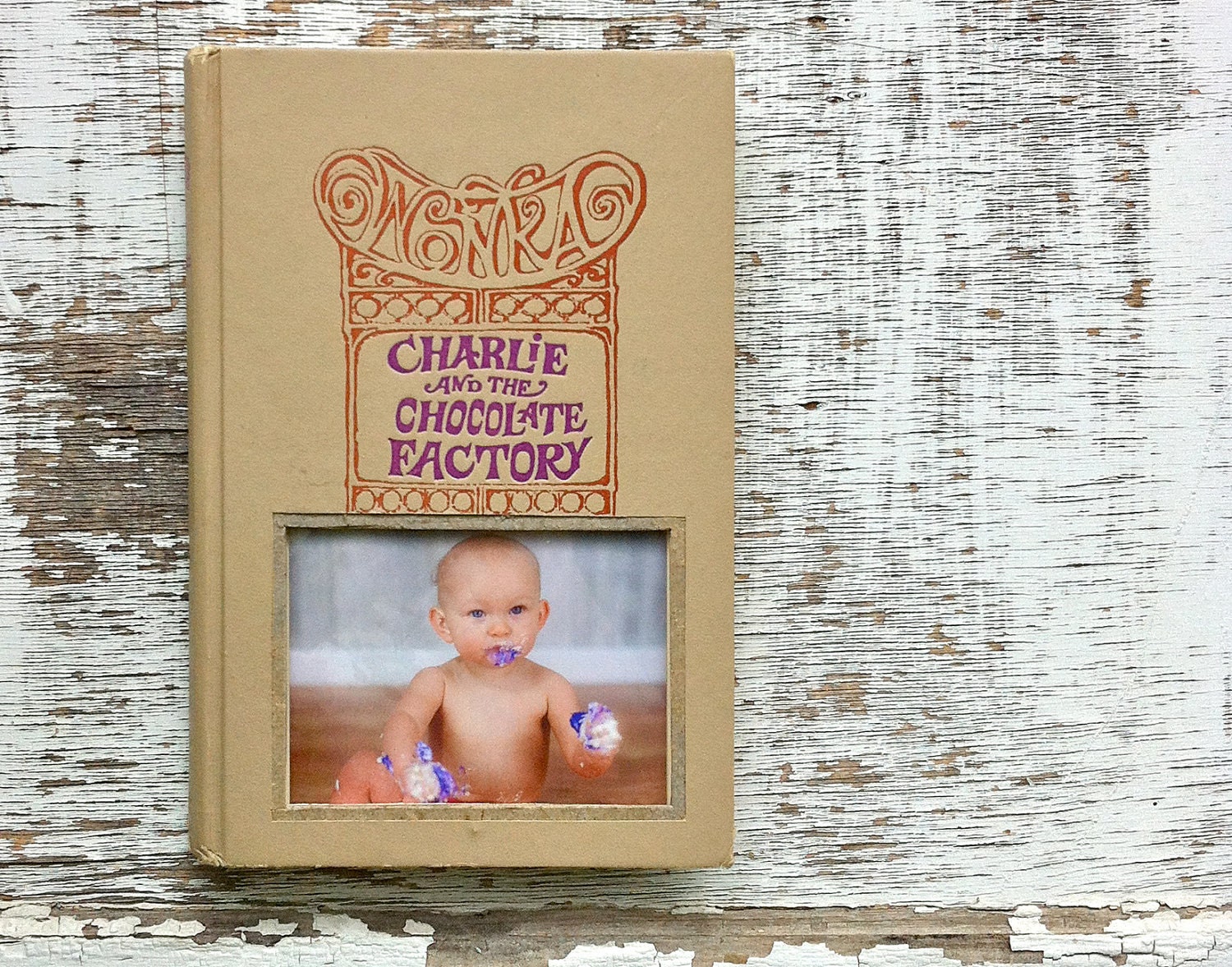 vintage book picture frame.  READABLE vintage book as unique photo frame. khaki/tan, purple, red. Charlie and the Chocolate Factory, 1973.