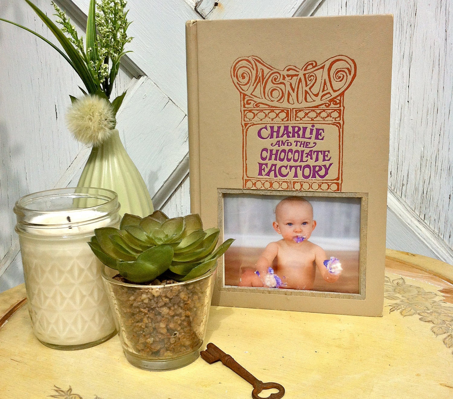 vintage book picture frame.  READABLE vintage book as unique photo frame. khaki/tan, purple, red. Charlie and the Chocolate Factory, 1973.