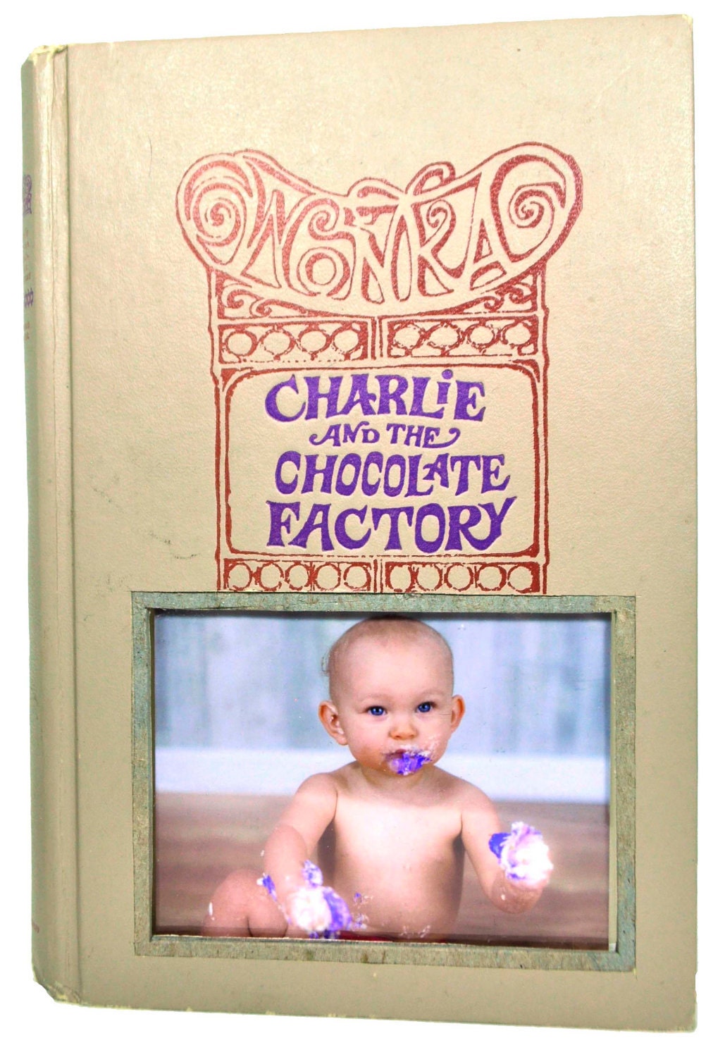 vintage book picture frame.  READABLE vintage book as unique photo frame. khaki/tan, purple, red. Charlie and the Chocolate Factory, 1973.