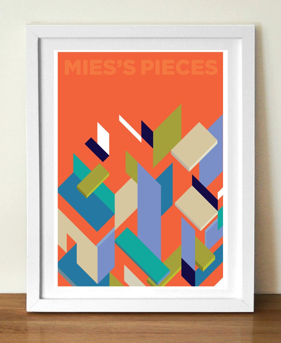 Mid Century MIES'S PIECES poster print, A3 (11 x 17), orange abstract digital print