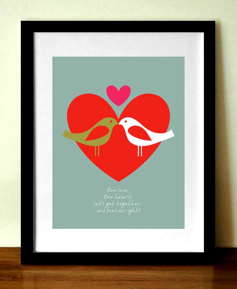 Mid century poster print,, Valentine's, ONE LOVE  Bob Marley song lyrics, A3 giclée print