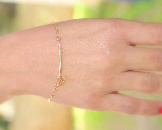 Gold  Bracelet -  Gold curve and swarovski crystal bracelet - 14k gold bar arc tube -  modern minimalist jewelry, bracelet gold