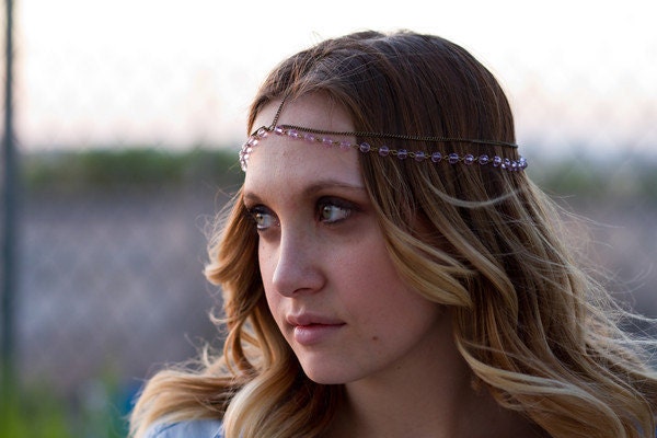 Dark Gold Brass Pink Bead Head Chain, Headdress, Chain Headband, Hair Chain, Hair Jewelry