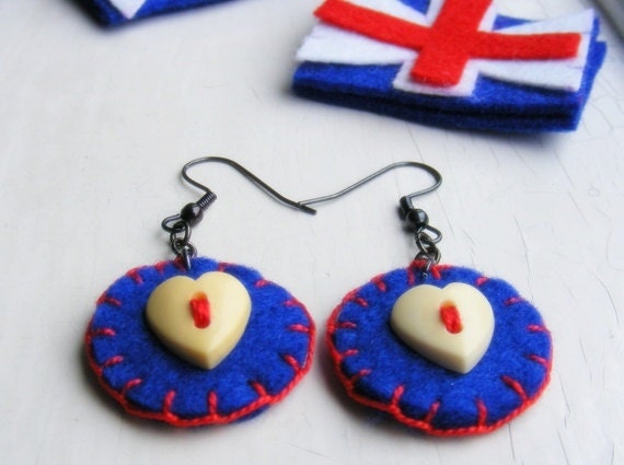Get dressed for the Olympic - Red white and blue felt earring with heart - Free shipping within the UK