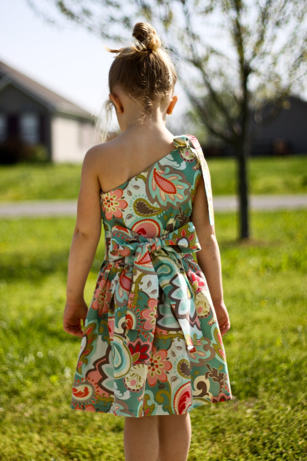 Little Girl Dress Custom Boutique, Ruffled One Shoulder Dress --Paisley, Floral Teal Girl's Dress Size 4 5 6