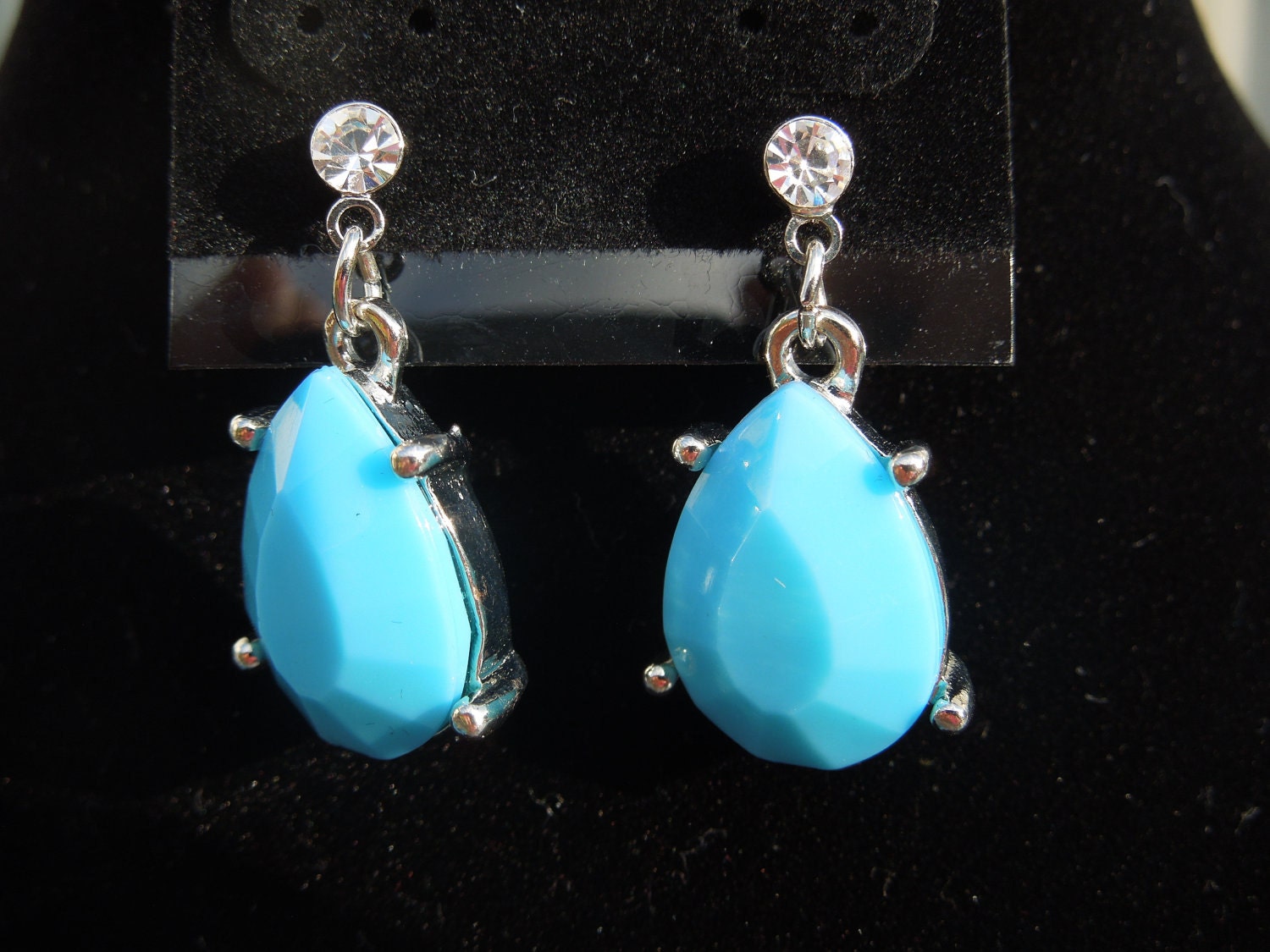 Vintage Necklace and Earrings Set.  Silver Tone, Large Blue Rhinestones, Blue Beads, Blue Ribbons