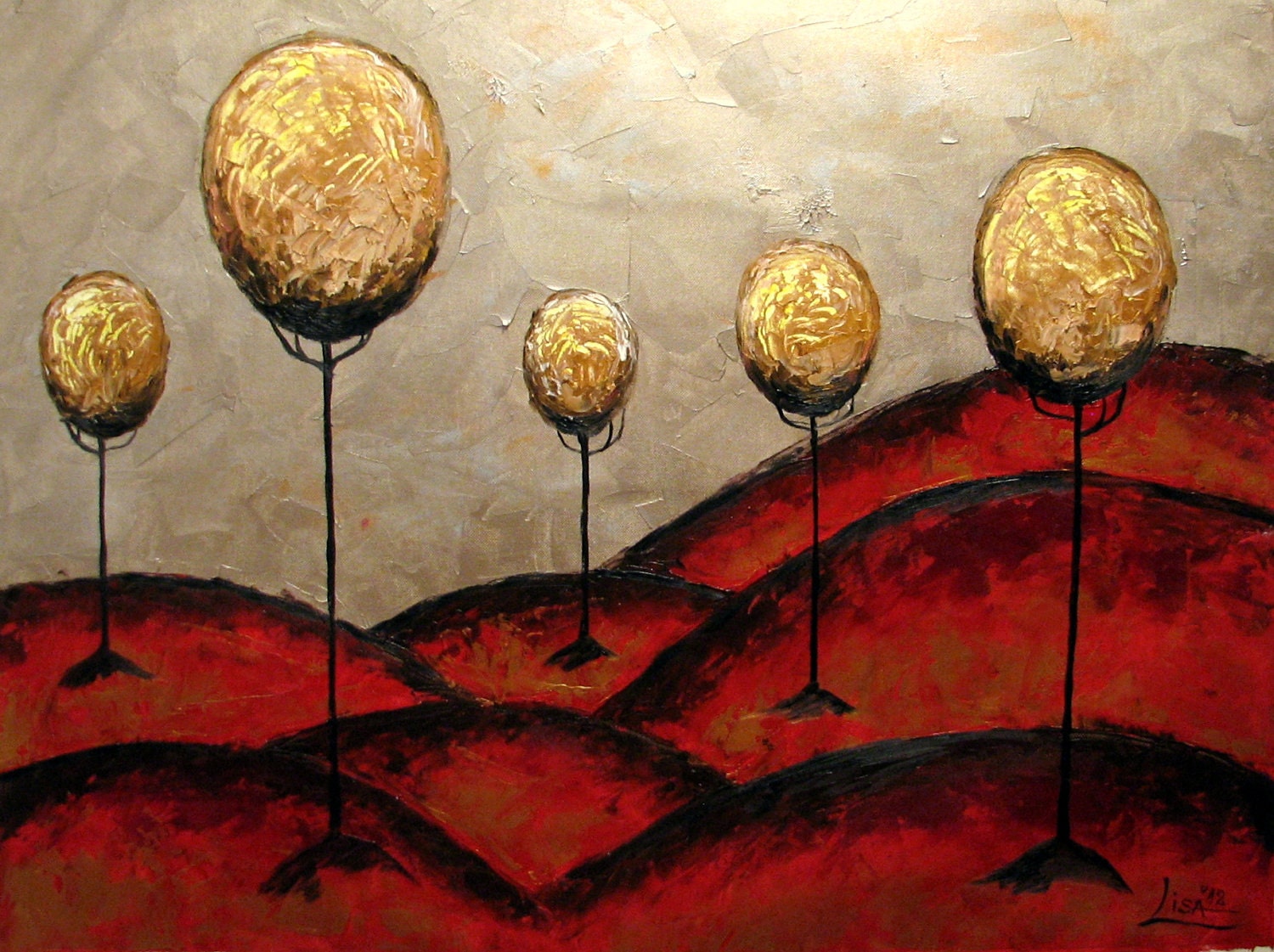 Canvas Print of Original oil painting - Golden trees in red fields - signed - Christmas gift