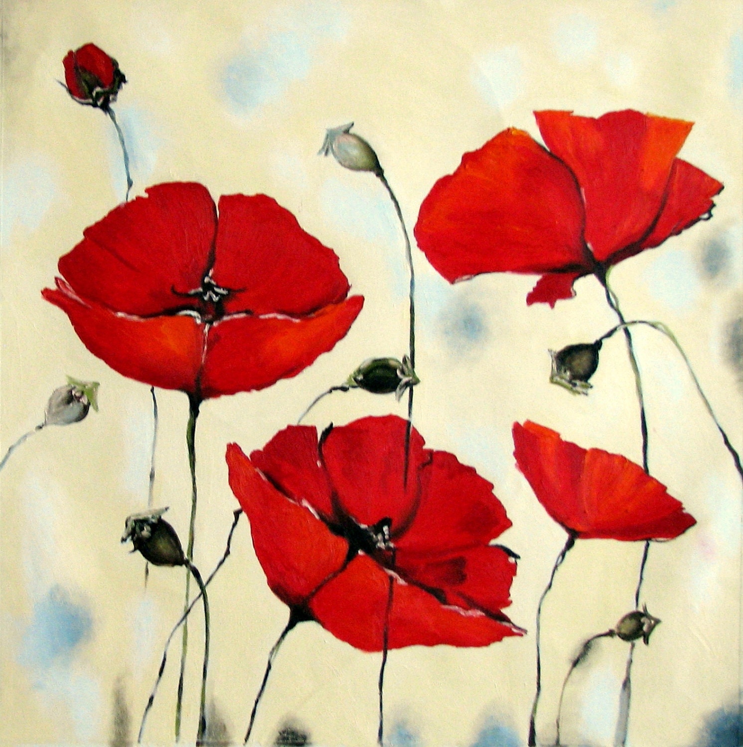 Oil - Acrylic painting Red poppies Flower Impasto Painting - mixed media - Huge 37 x 37 - XXL - Certificated