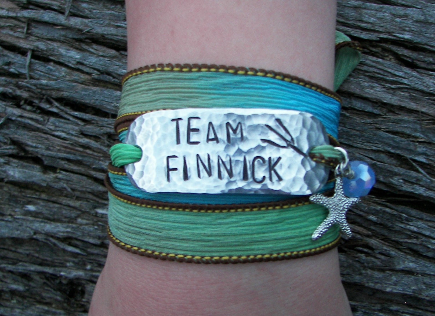 The Hunger Games Inspired Bracelet Wrap TEAM FINNICK Hand Stamped with Sand and Sea Silk Ribbon Wrap