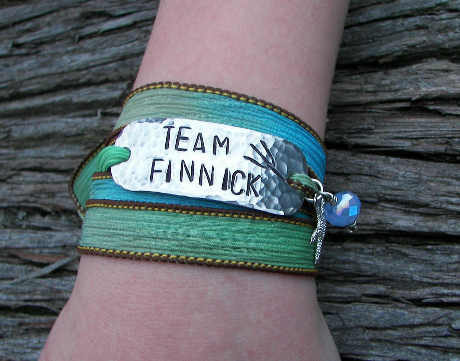 The Hunger Games Inspired Bracelet Wrap TEAM FINNICK Hand Stamped with Sand and Sea Silk Ribbon Wrap