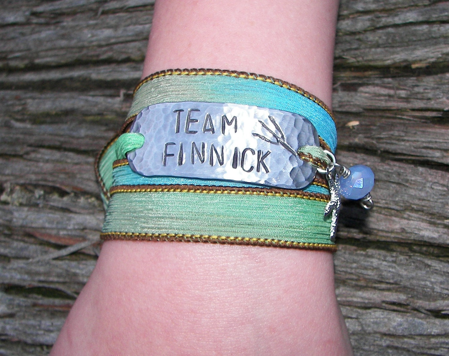 The Hunger Games Inspired Bracelet Wrap TEAM FINNICK Hand Stamped with Sand and Sea Silk Ribbon Wrap