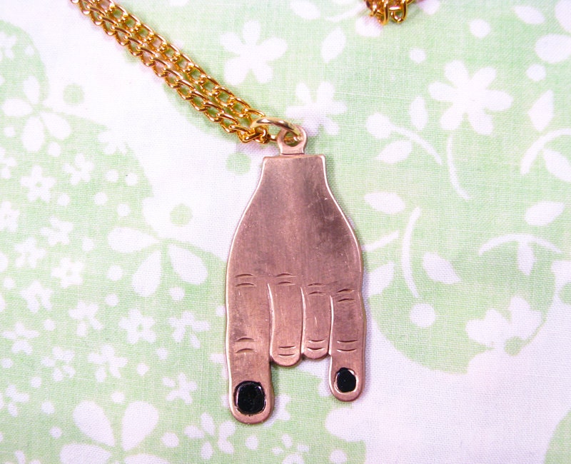 brass Satanic devil horns hand necklace with black nail polish